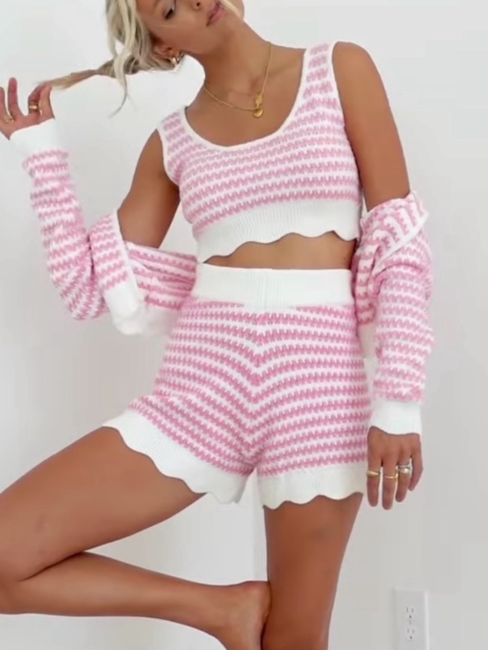 Yellow the label- scalloped Pink & White Knit Three-Piece Set